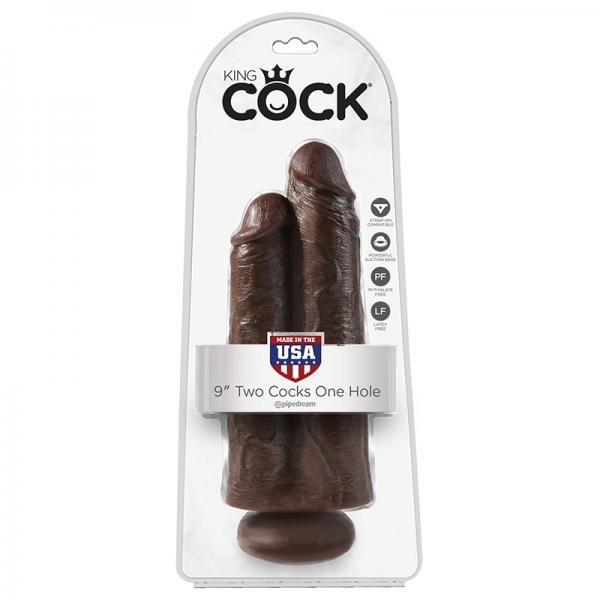 King Cock 9in Two Cocks One Hole Brown