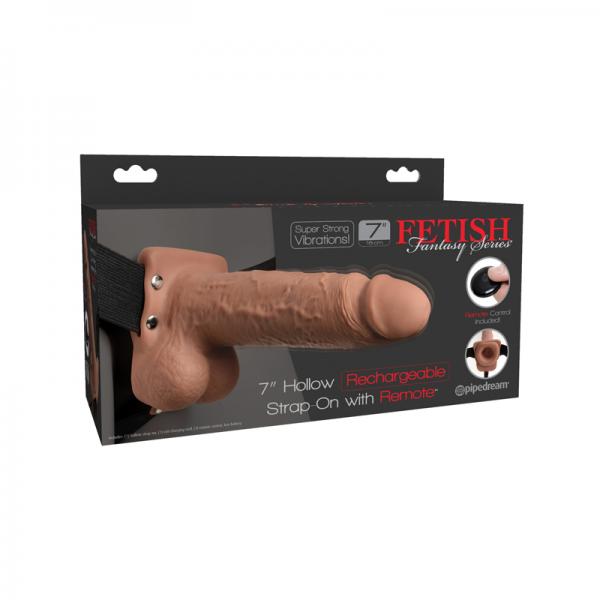 Fetish Fantasy 7in Hollow Rechargeable Strap-on With Remote, Tan